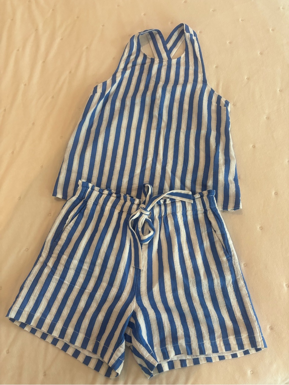 J. Crew Blue and White Striped Cotton Linen Blend Short Set
